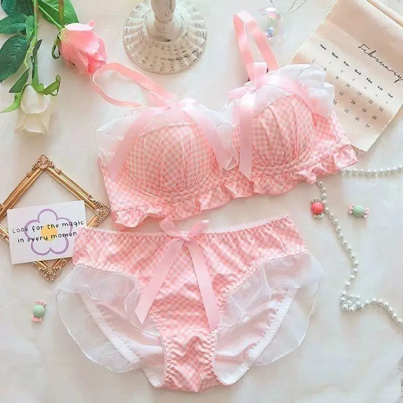 New Japanese Bow Underwear Sweet Fresh Cute Student Bra Small Chest Gathered Steel Ring Suit