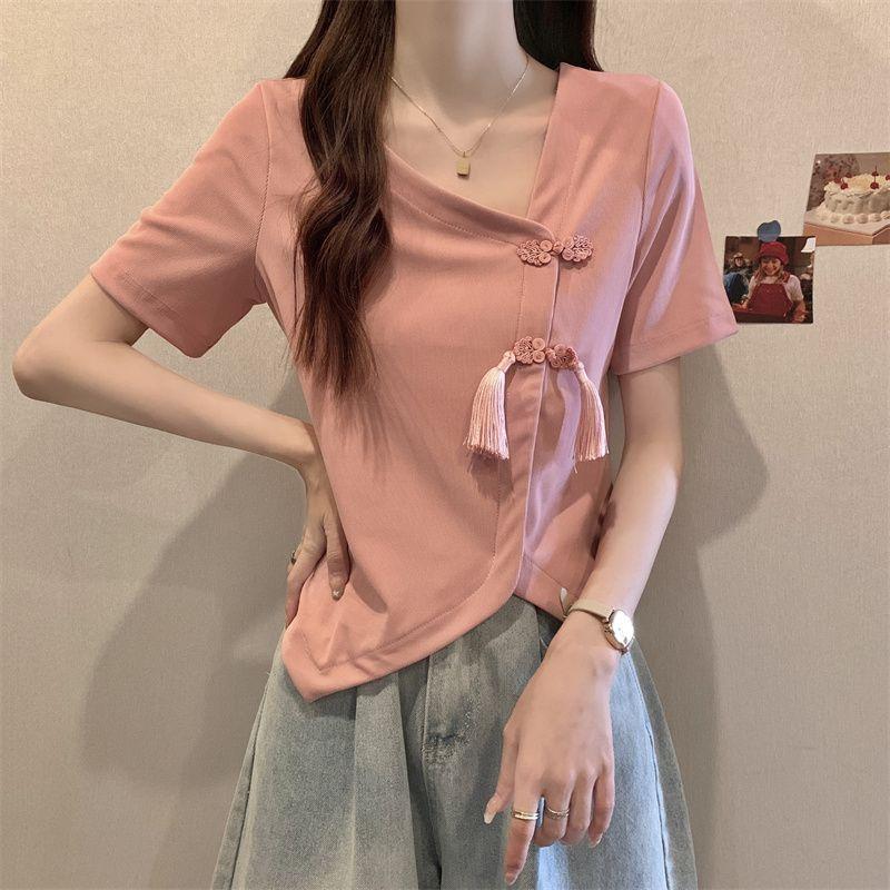 Product Introduction of Women's New Chinese Button Irregular Short T-shirt Fat Mm Cover Belly V-neck Top Womenswear Blouse Check Flat 17
