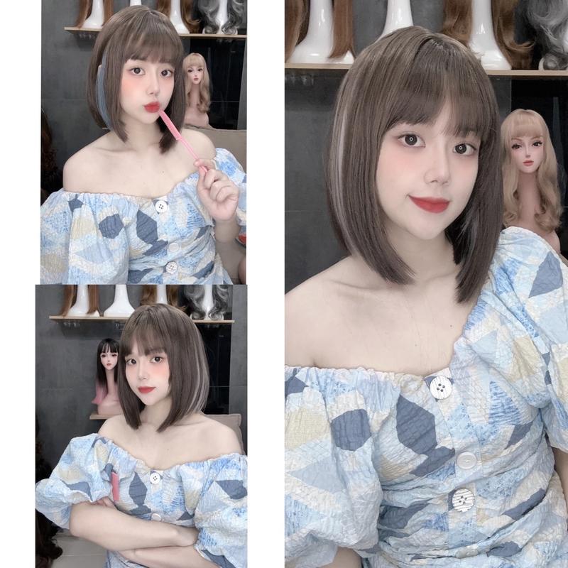 Toc bộ nguyên đầu CC13 light khói, light xanh cụp ngắn(kèm lưới trùm và kèm lược).kiểu dáng tóc ngắn phối light có 2 màu light xanh và light khói Women Wig