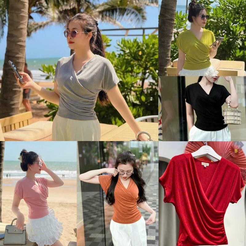 Ms157: Áo thun nhủ chiết eo cổ đắp chéo tôn dáng hách eo có bigsize