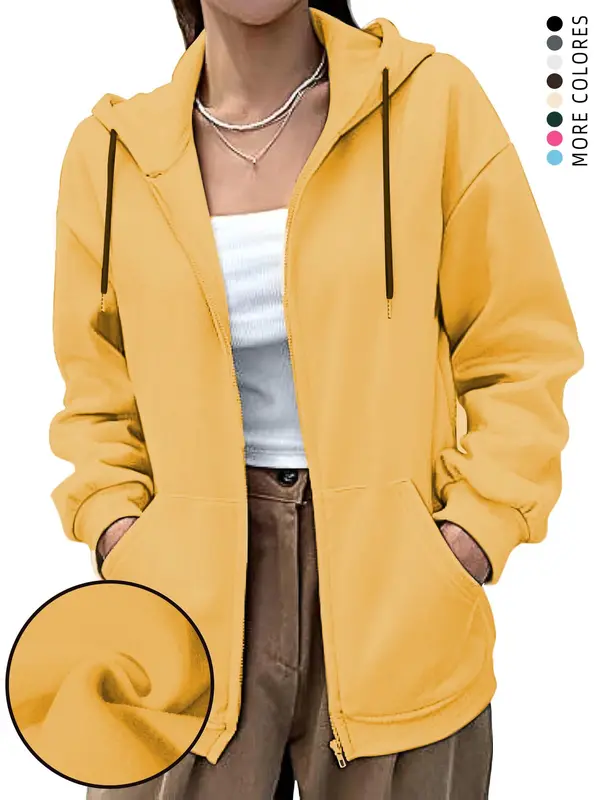Women's Plain  Zip Up Drawstring Pocket Hoodie, Casual Long Sleeve Hooded Sweatshirt for Fall & Winter, Women's Clothes for Daily Wear 7