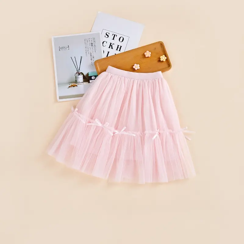 Girls Skirts Fashion Summer Bow Decorated Princess Puffy Mesh Mid-length Skirts Baby Clothes