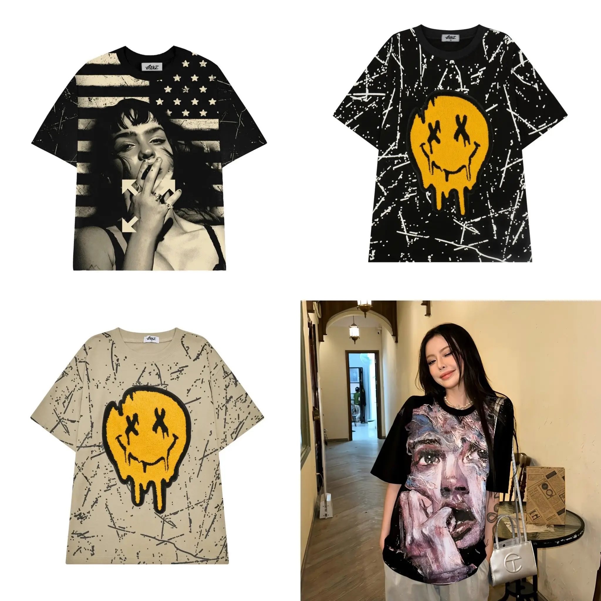 Gonz Shirt Áo Thun Form Rộng Menswear Nam Nữ Cổ Tròn Hình In Lụa Chất Liệu Cotton