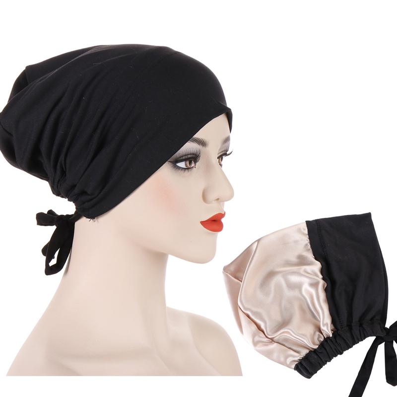 Instant Hijab Muslim Tudung Inner Hijab New Multi-color Satin Cloth Drawstring Pullover Cap Base Cap Strap Tether Cap 8