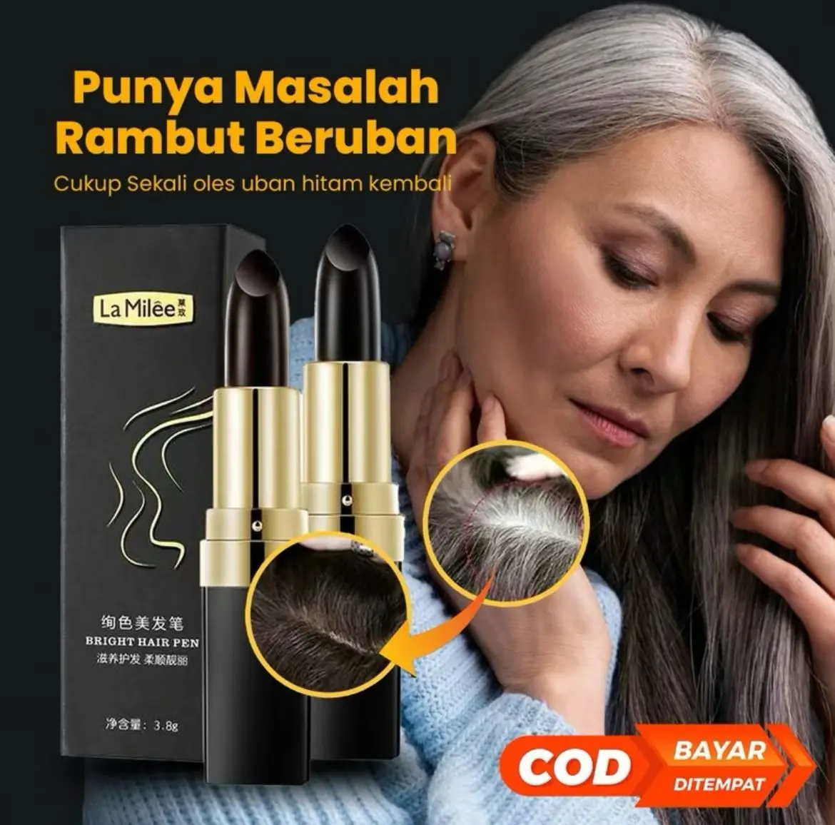 Lipstick Uban Instan! Uban Hilang Seketika, Rambut Hitam Kembali dalam 1 Menit! COD Bayar di Rumah!