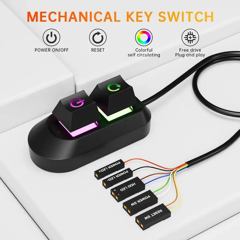 High Quality 2M Computer Desktop Switch PC Motherboard RGB LED Lights Computer Start Button on/Off and Reset Button Extension Cable Computer Switch