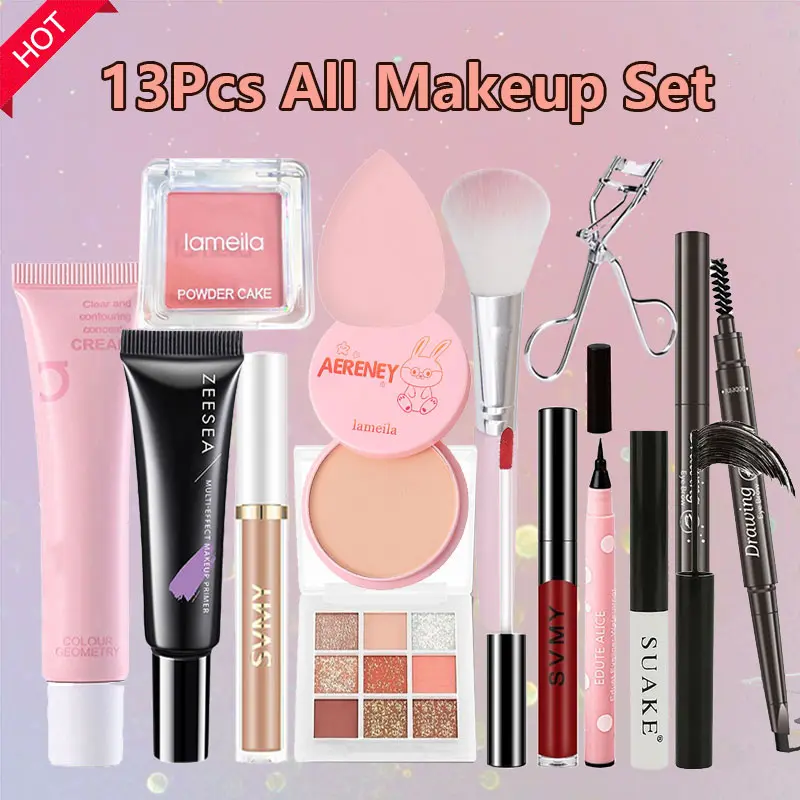 [13/8/5Pcs Makeup Set] Eye Shadow+Powder+Mascara+Concealer+Eyeliner+Blush+Eyebrow Pencil+Lip Glaze+Clip+Brush Waterproof Long Lasting Flawless Setting Face Makeup Kit