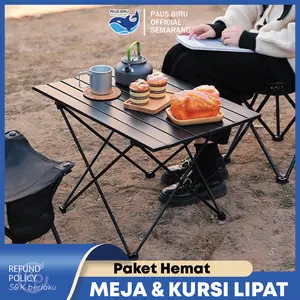 Paus Biru - Paket Meja Lipat Dan Kursi Lipat Outdoor Bangku Lipat Camping Folding Chair Serbaguna - Meja Kursi Pantai