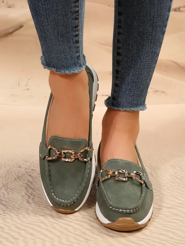 Women's Shoes, Fashion Chain Decorated Low Top Round Toe Shoes, Casual Comfortable Lightweight Slip on Shoes, Female Solid All-match Shoes for Daily Wear, Trending Shoes Girl Footwear 5