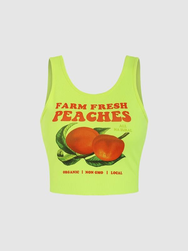 Women's Peach Print Scoop Neck Crop Vest Top, Casual Sleeveless Ribbed Top for Summer, Ladies Clothes for Daily Wear, Women's Tops 1