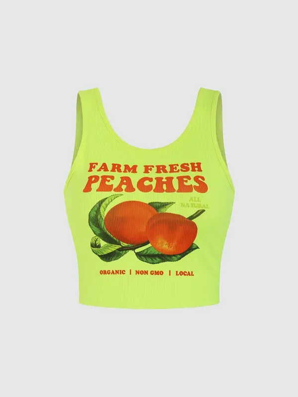 Women's Peach Print Scoop Neck Crop Vest Top, Casual Sleeveless Ribbed Top for Summer, Ladies Clothes for Daily Wear, Women's Tops 1