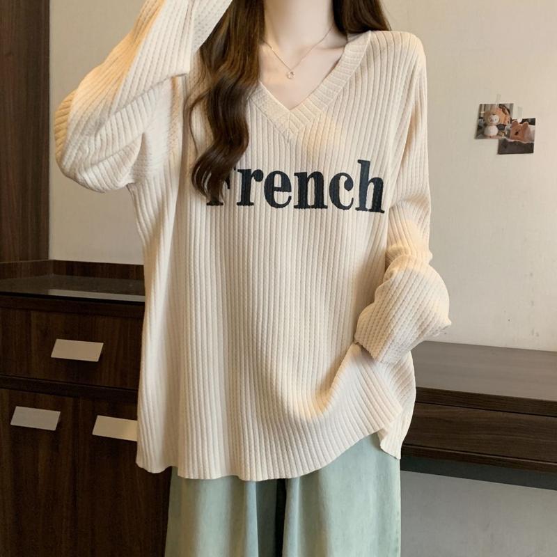 Product Introduction of Áo Thun Dài Tay Dáng Rộng Cổ Chữ V, Cỡ Lớn, Phong Cách Lười Biếng, Quần Áo Nữ, Phong Cách Mới Đầu Thu, Che Thịt, Dễ Phối Đồ, Áo Thường Ngày Dài Trung Bình Thời Trang 6