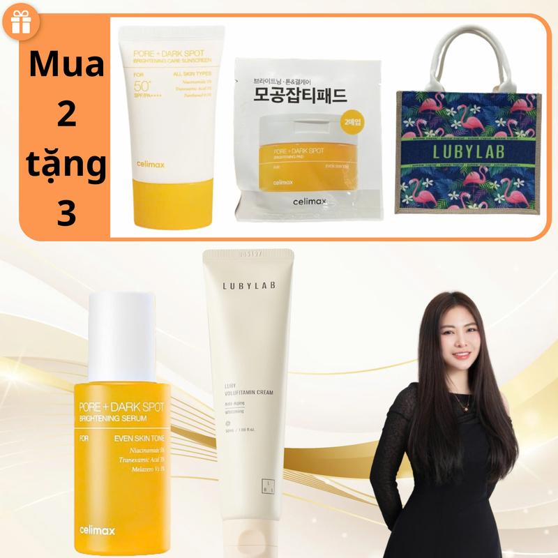 ( Mua 2 tặng 3 )SN0900-Kem Tái Định Vị Da Lubylab Volufitamin Cream 50ml + Serum dưỡng da Celimax Pore Dark Spot Brightening Serum - 30ml Tặng 1 kem chống nắng Celimax+ 1 sample pad ủ nám + 1 túi Lubylab