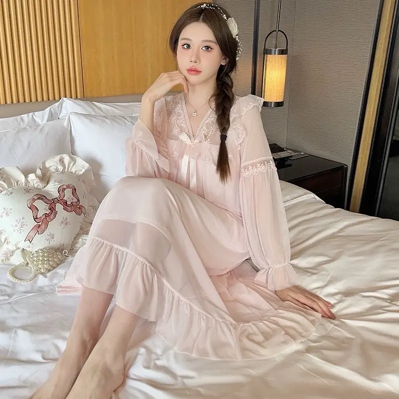 SP.277 Váy ngủ tiểu thư dáng xoè dễ thương hàng hai lớp co giãn mặc thoải mái dễ chịu, đầm ngủ Quảng Châu cao cấp