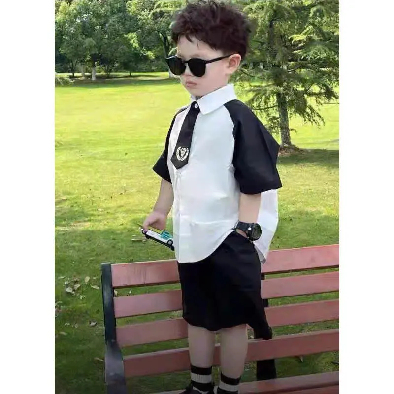 Set áo sơ mi kèm cà vạt bé trai áo sơ mi tay đen phối quần có dây đeo thời thượng, phong cách---MÃ CÀ VẠT