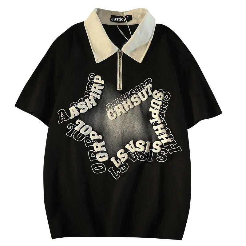 Product Introduction of [ 27k Favorites] American Retro Star Polo Collar Short Sleeve T-Shirt Unisex Loose Fit Hong Kong Style Vintage Half-Zip Couple Top 12