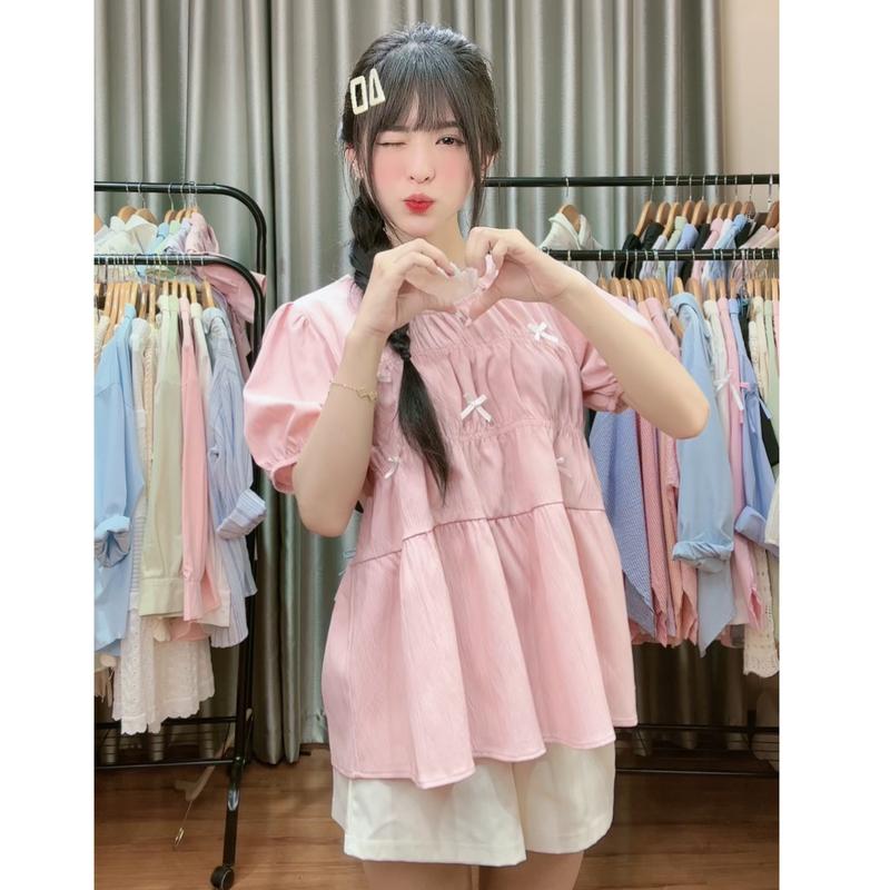 XẢ KHO NGHỈ BÁN Áo kiểu nữ chất đũi lì  đính nơ babydoll tiểu thư form rộng Hàn Quốc Kozoda S123