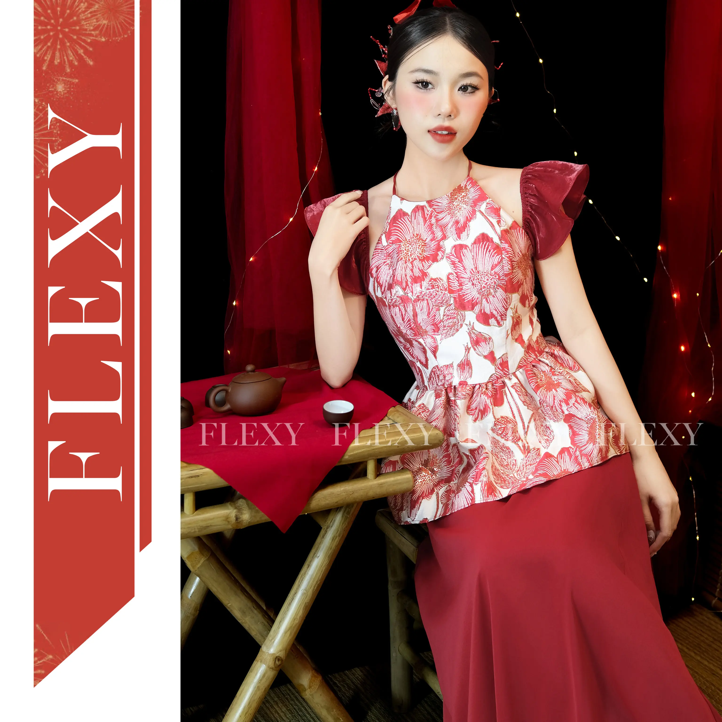 Áo yếm UYỂN CHÂU cánh tiên đỏ đô cùng chân váy hoặc quần - chất liệu tafta gấm - FLEXY thiết kế