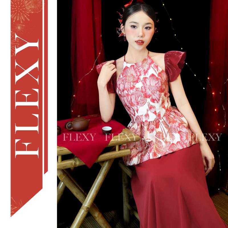 Áo yếm UYỂN CHÂU cánh tiên đỏ đô cùng chân váy hoặc quần - chất liệu tafta gấm - FLEXY thiết kế 0