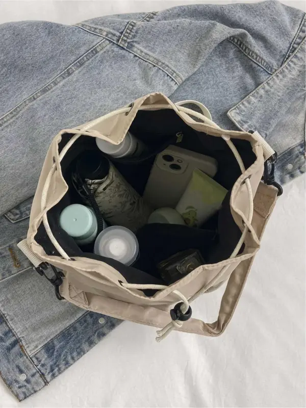Women's Solid Color Nylon Bucket Bag, Fashionable Lightweight Crossbody Bag with Adjustable Strap, Casual Versatile Sports Bag for Daily Used 7