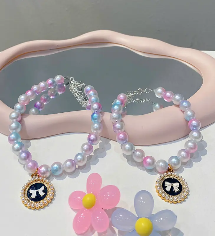 Dây Đeo Cổ Mèo, Chó Cưng Dễ Thương, Vòng Hạt Châu Ánh Tím Đa Sắc Mix Charm Ngộ Nghĩnh 8