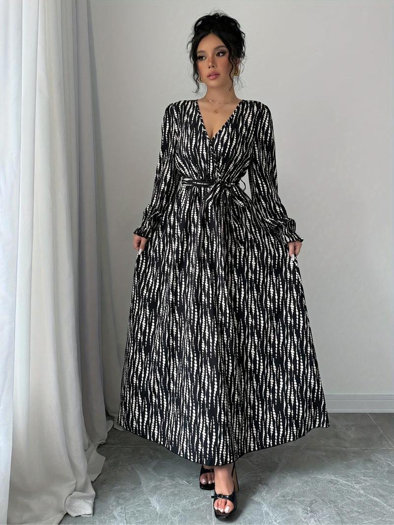 Product Introduction of Women's Polka Dot Print V Neck Belted Dress, Elegant Long Sleeve Dress for Spring & Fall, Women's Clothing for Daily Wear 4