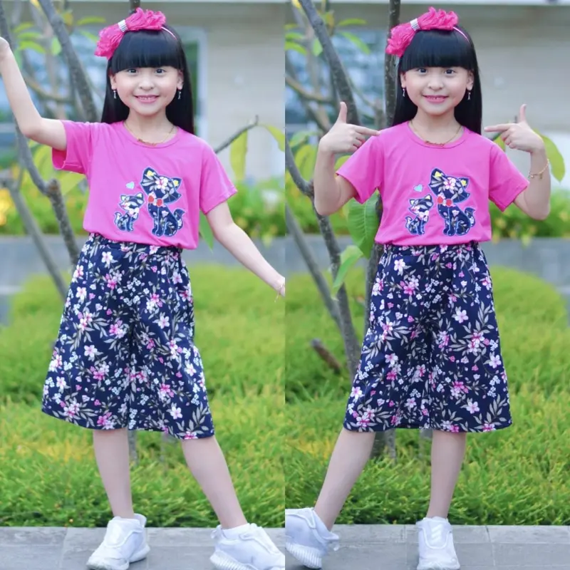 Setelan Baju Kitty dan Kulot Bunga-Bunga Anak Perempuan Umur 4-11 Tahun Bordir Celana 0