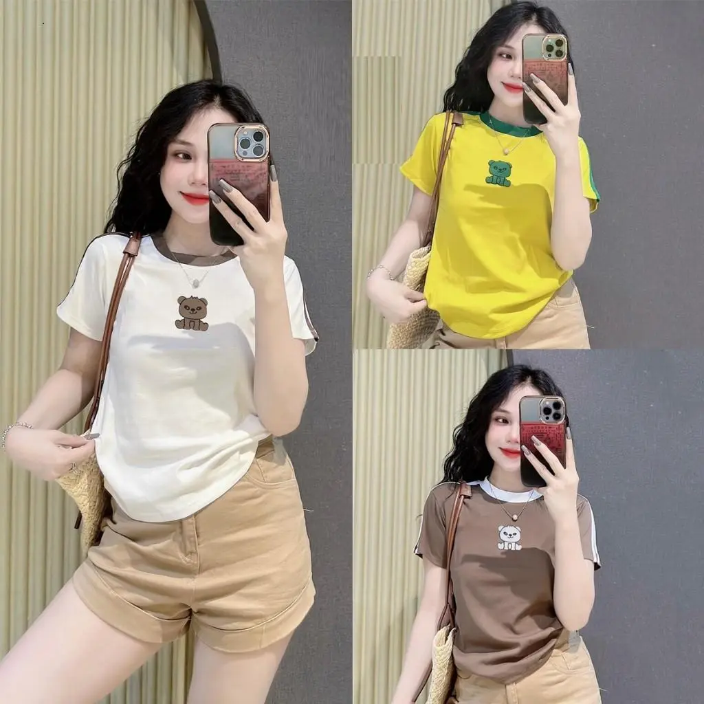 [SALE SỐC. Áo Thun Nữ Dáng Ôm Dưới 55kg [Gấu Xinh], Phối Viền Độc Đáo Form Tôn Dáng Cotton
