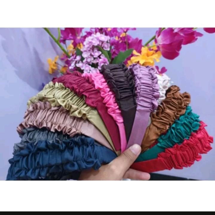 Bando Rufle Korea Nagita Slavina - 12 pcs Headbands, Gaya Korea, Bahan Batang Anti Patah, Bahan Kain Satin Velvet 1