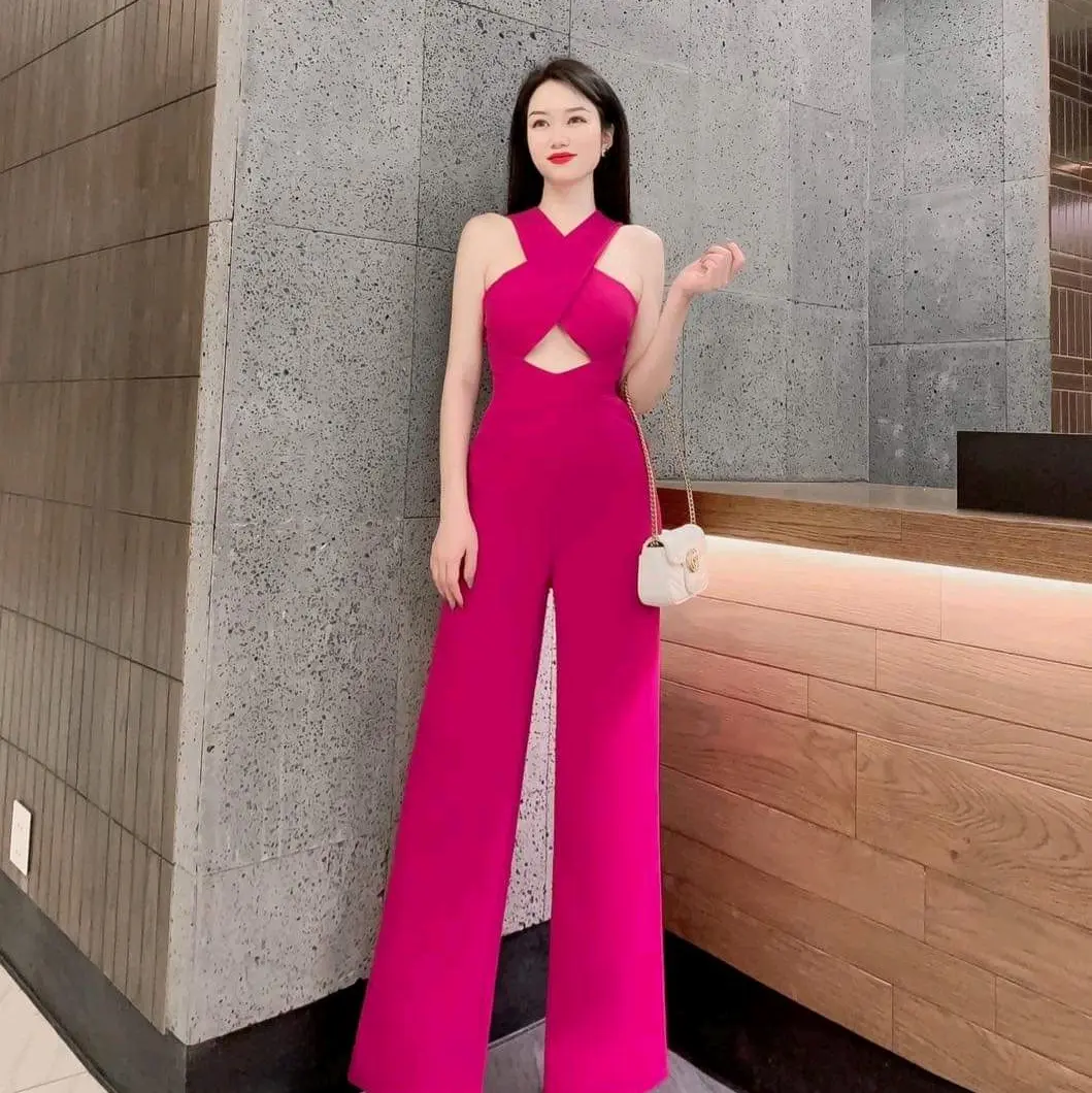jumpsuit đắp chéo hở bụng ống suông vải mịn đẹp co giãn có sẵn mút ngực   cổ jum