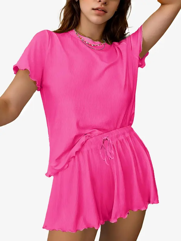 Women's solid color casual pajama set, round neck short-sleeved top, elastic waist pocket shorts, two-piece home clothes. 8