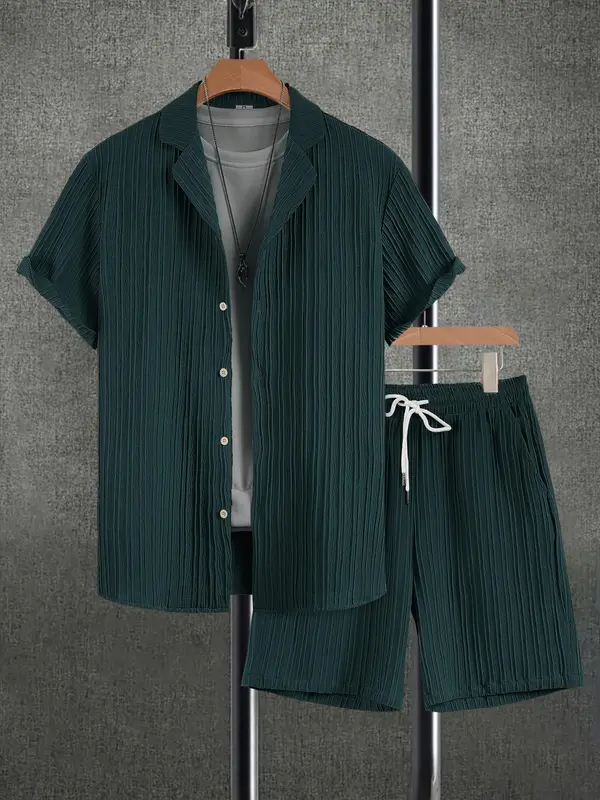 Men's Solid Short Sleeve Top & Shorts Set, Regular Fit Formal Shortsleeve Top & Shorts, Men's Summer Clothes, Sets for Men Clothing, Menswear, Suits, Summer Outfit Set, Casual Matching Set 5