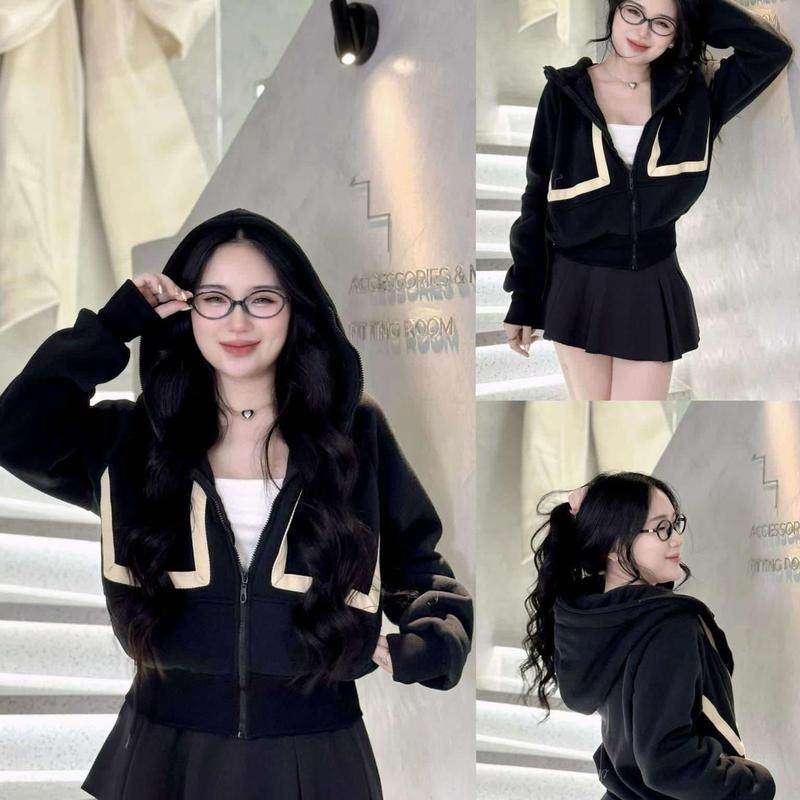 Áo khoác nữ nỉ dệt viền vuông dày dặn nón to By Đào Tuyền Store hoodie màu nâu Women Top