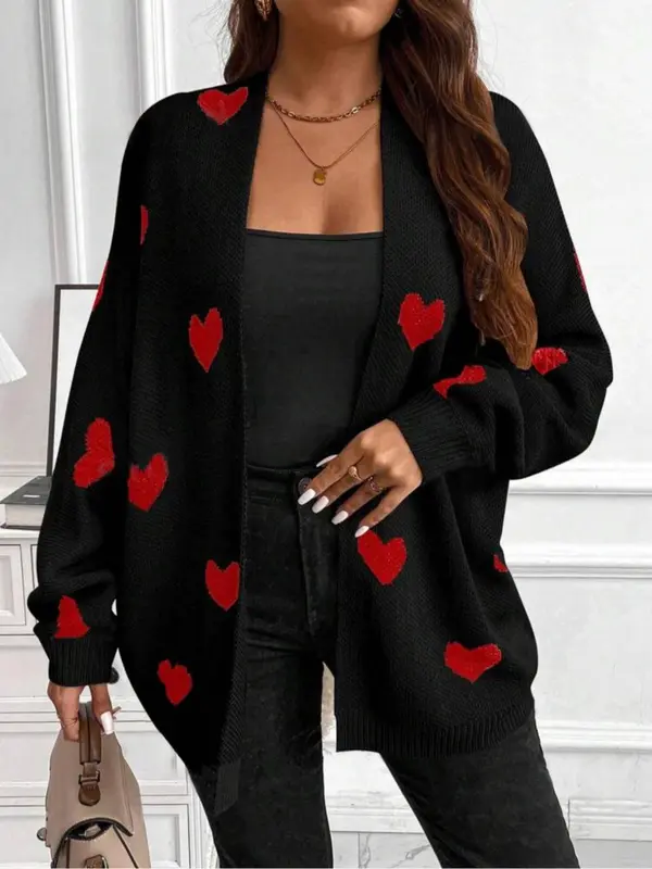 【Plus Size】 Heart Print Open Front Sweater Cardigan, Casual Long Sleeve Cardigan for Fall & Winter, Women's Plus Clothing for Daily Wear 4