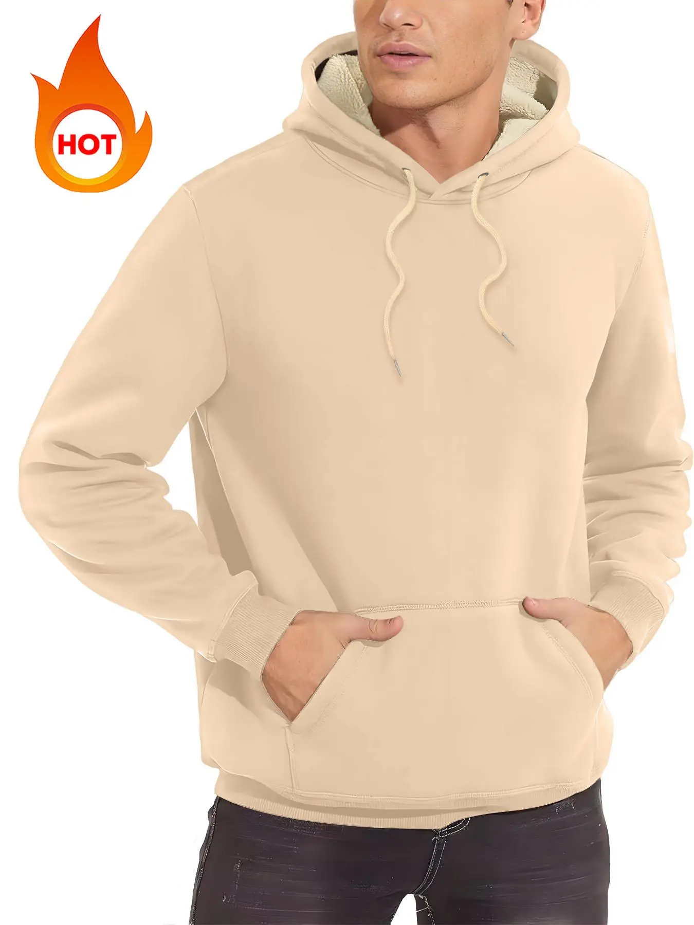 Men's Solid Drop Shoulder Drawstring Thermal Lined Hoodie, Casual Regular Fit Kangaroo Pocket Plush Hooded Sweatshirt for Winter, Men's Top for Daily Wear