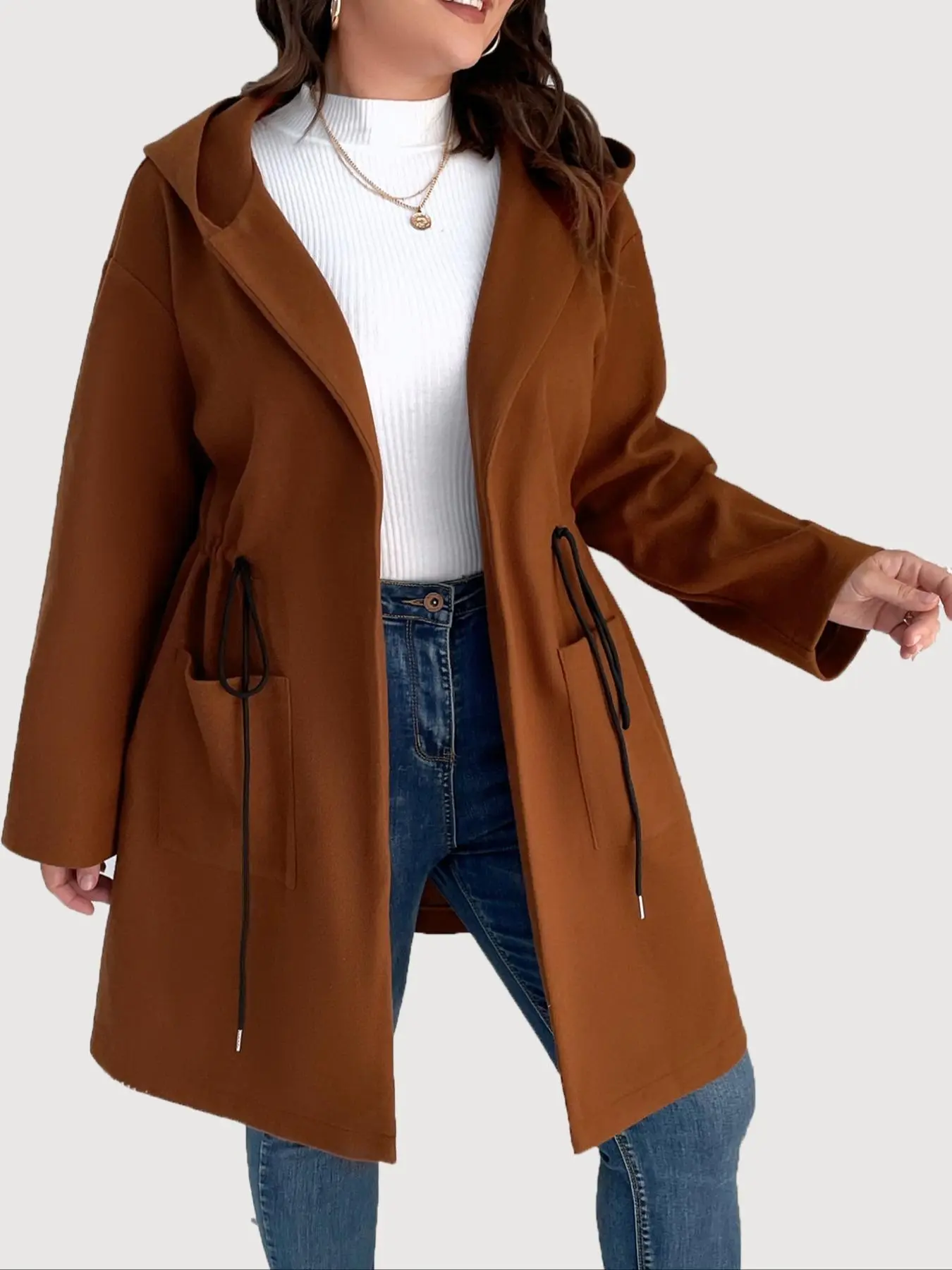 Women's Plus Plain Brown Drawstring Pocket Hooded Over Coat, Casual Long Sleeve Coat for Lady, Women's Comfort Minimalist Basic Outerwear Tops for Fall & Winter, Womenswear
