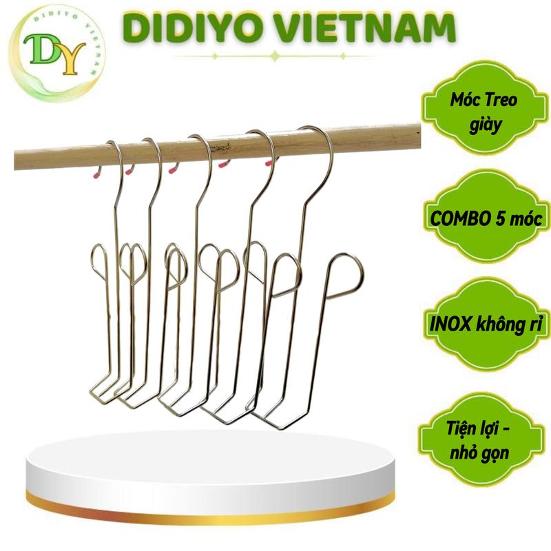 Bộ 5 Móc Treo Giày Inox - Set 5 Móc Phơi Giày Dép Thép Không Gỉ 304 Dày 4-Li, Thanh Treo Giày Trong Tủ, Inox Treo Tường, Hộp Đựng Giày