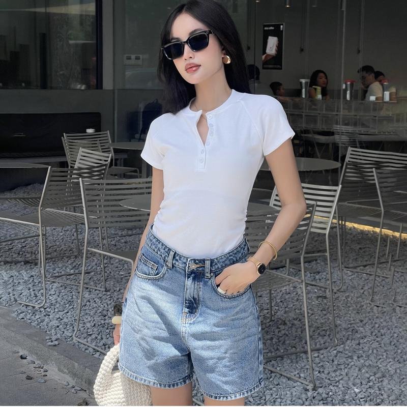 Quần short jean nữ ngắn lưng cao regular fit Aaa Jeans Denim Shorts Women Pants