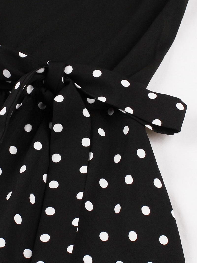 Product Introduction of Women's Patchwork Polka Dot Print Contrast Lace Belted Dress, Elegant Sleeveless Round Neck A Line Midi Dress for Summer, Fashion Women's Dress for Party Holiday Dating 4