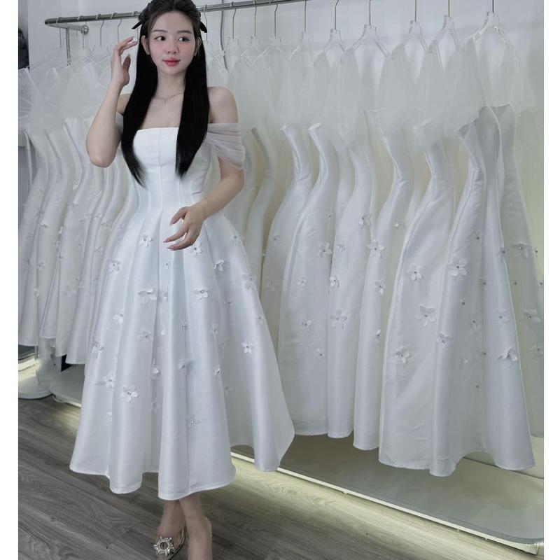 ĐẦM NỮ TRẮNG TAY LƯỚI GHÉP MẢNH ĐÍNH HOA AMITI DRESS Women Màu Trắng
