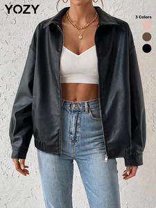 YOZY Women's Solid Pocket Zip Up Pu Leather Coat, Casual Drop Shoulder Long Sleeve Outerwear for Fall & Winter, Ladies Clothes for Daily Wear, Fall & Winter Clothes