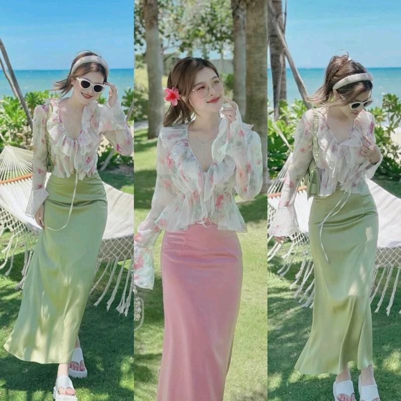  Sét váy Bra thời trang nữ mặc đi Biển mùa Hè áo Voan Hoa cổ V tay bèo phối váy tuyết nhung đuôi cá tiểu thư xinh đẹp sang chảnh 