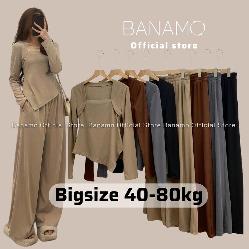 Set nữ BIGSIZE Banamo Fashion bộ áo thun tăm cổ vuông kèm quần culottes 191 Top Kem Women Jacket