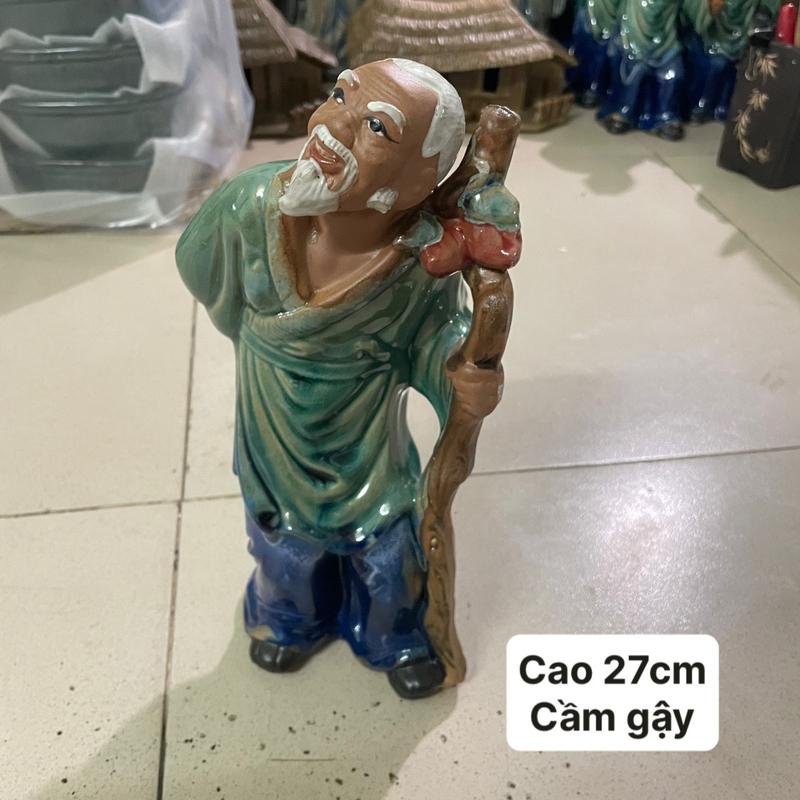 Tượng lão mai cầm gậy cao 27cm gốm Bát Tràng trang trí decor bonsai tiểu cảnh
