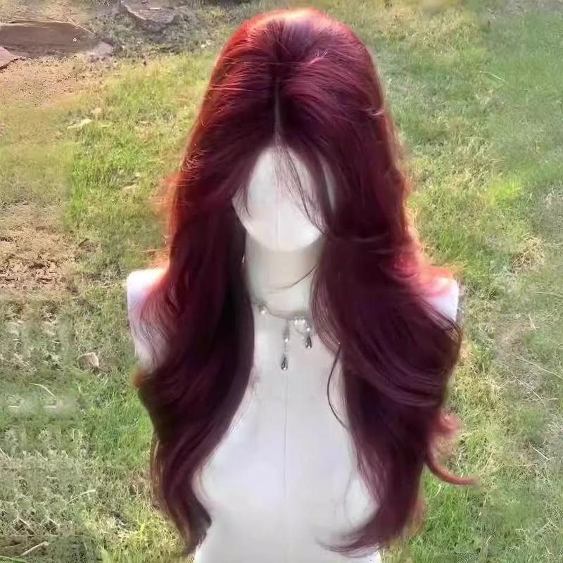 2024 Raspberry Red Wig Women's Long Hair Mid-Length Eight-Character Bangs Big Wave Long Curly Hair Natural Imitation Full Human Hair Full-Head Wig 0