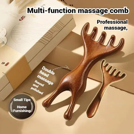 -Wooden Scalp Massage-CombDeer Horn Shape Wide Tooth Long Handle Comb Meridian Massage Anti-static Head Promote Blood Circulation Massager