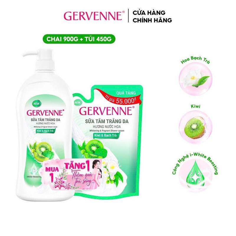 TẶNG TÚI 450G Sữa tắm trắng da hương nước hoa KIWI và Bạch Trà Gervenne 900G + Túi sữa tắm 450 KIWI và Bạch Trà
