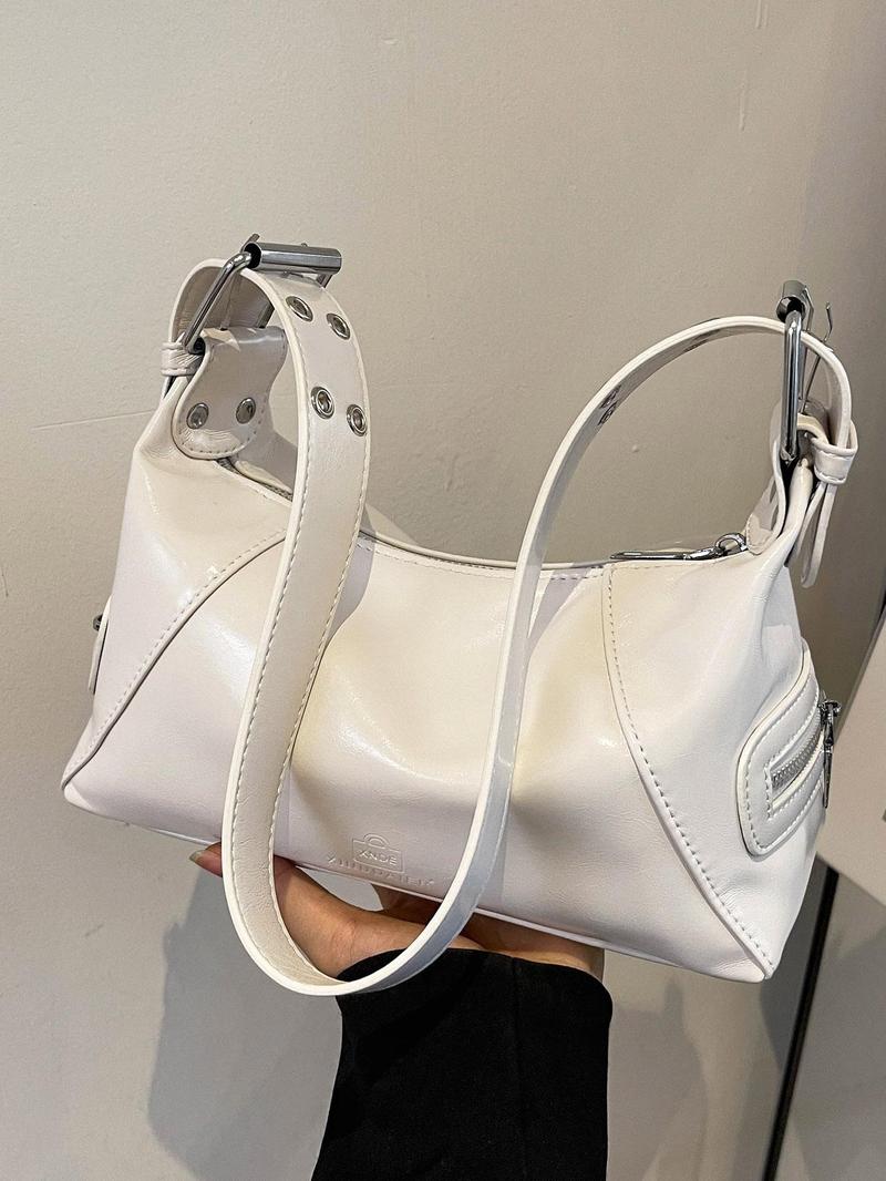 Product Introduction of Women's Elegant Solid Color Shoulder Bag, Fashionable Motorcycle Style Cool Girl Bag, Versatile Outing Bag, Retro Simple Casual Commuting Shoulder Bag 2