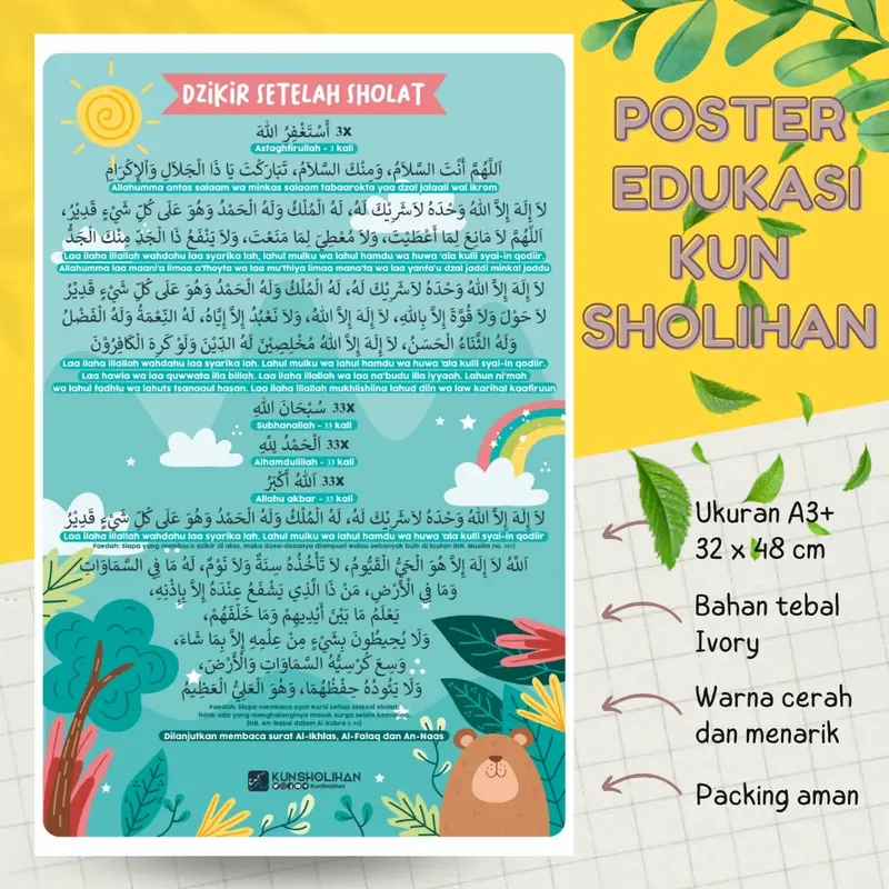 Poster Dzikir Setelah Sholat Sesuai Sunnah Poster Edukasi Pendidikan Dini Kun Sholihan 0