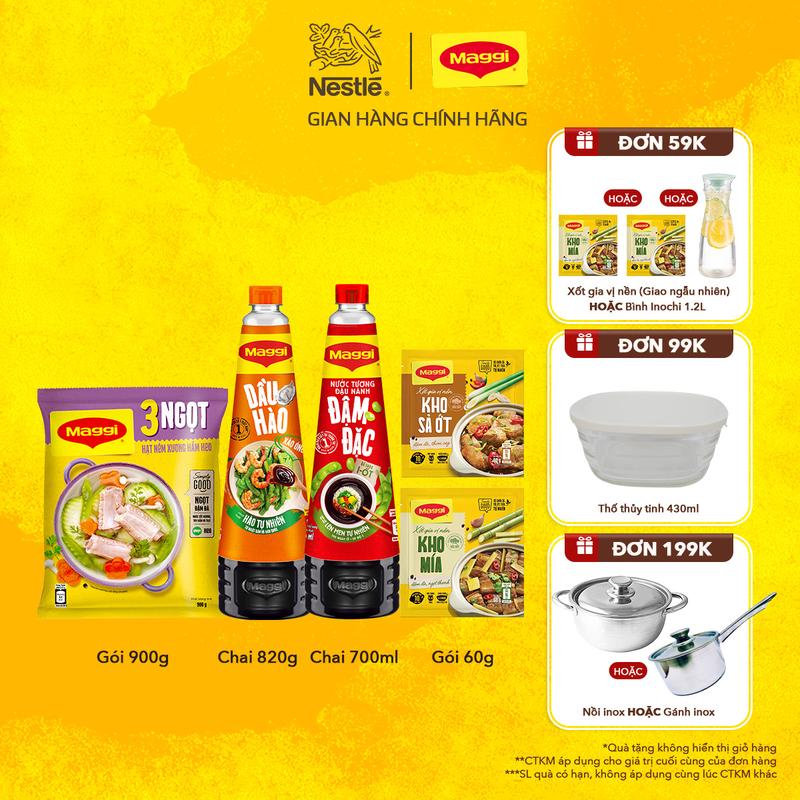Nestlé VN Combo Gia Vị MAGGI Dầu Hào 820g + Nestlé VN Hạt nêm MAGGI Xương hầm Heo + Nước tương MAGGI Đậu Nành Đậm Đặc 700ml + 1 gia vị nền xốt kho sả ớt + 1 gia vị kho mía-ST